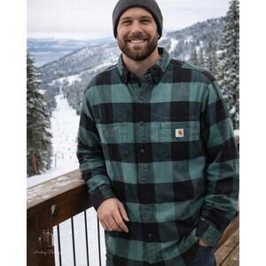 Men's Carhartt Rugged Flex Green and Black Buffalo Plaid Button-Up Shirt Size XL